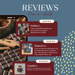 Dark chocolate prebiotic herbal tea box with customer review cards and star ratings