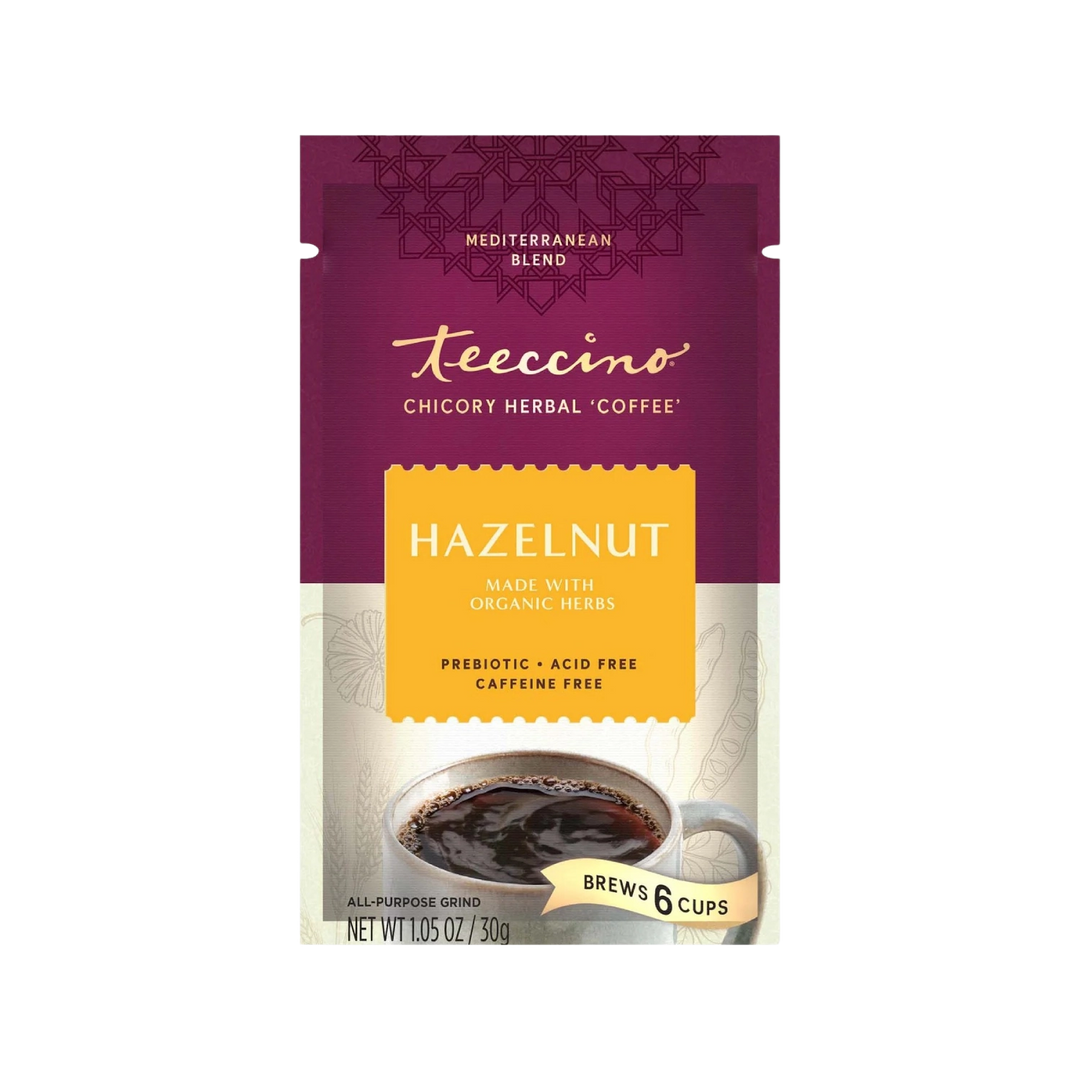 Hazelnut chicory herbal coffee pouch with brewing cup graphic