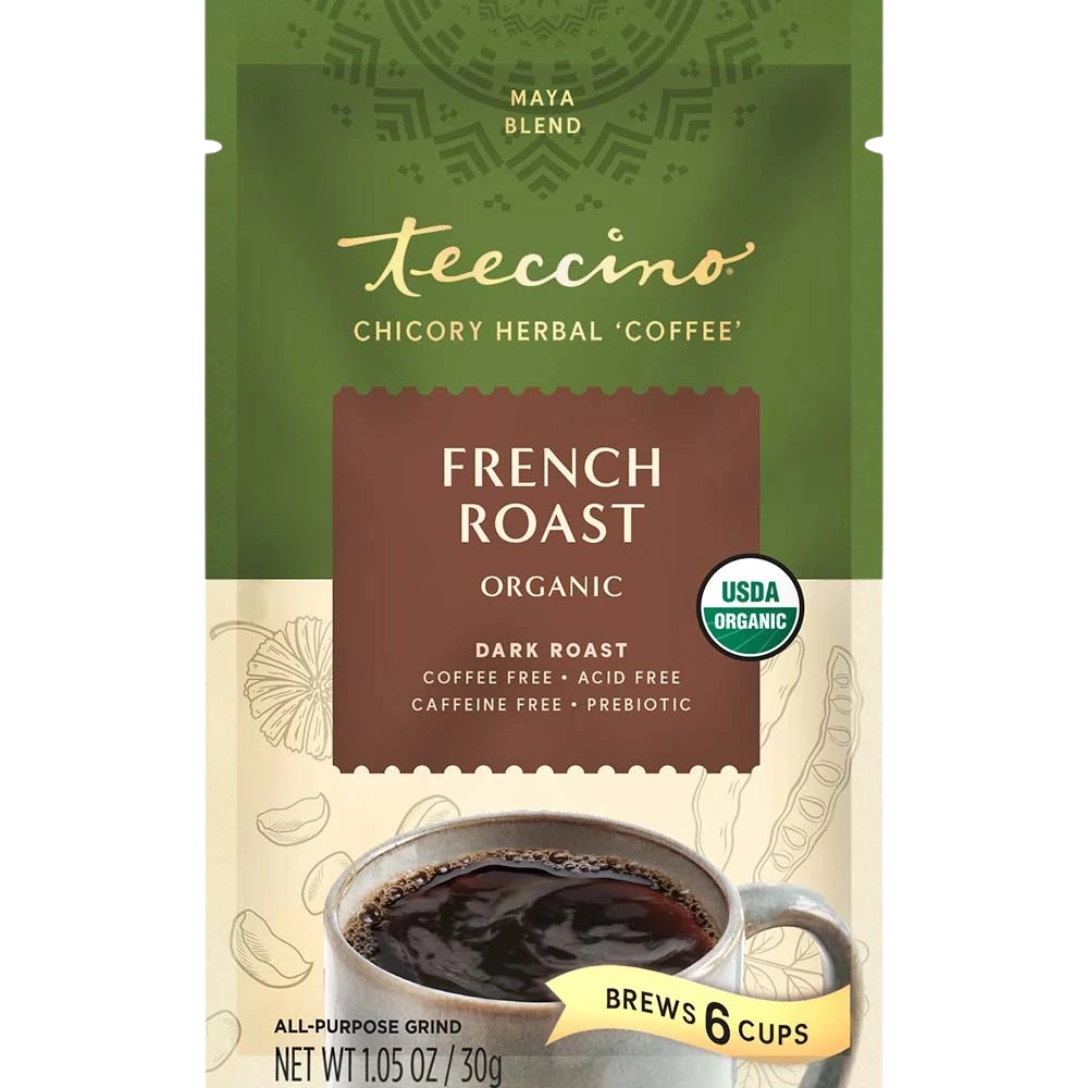 Teecino French Roast Organic prebiotic chicory herbal coffee stand-up pouch, dark roast