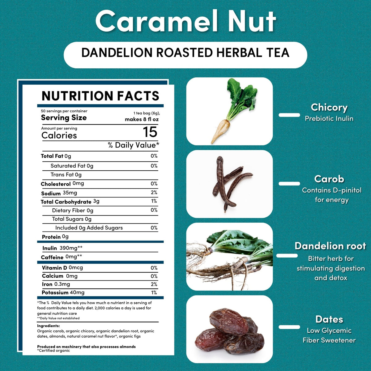 Nutrition facts panel for caramel nut dandelion roasted herbal tea, 50 servings size