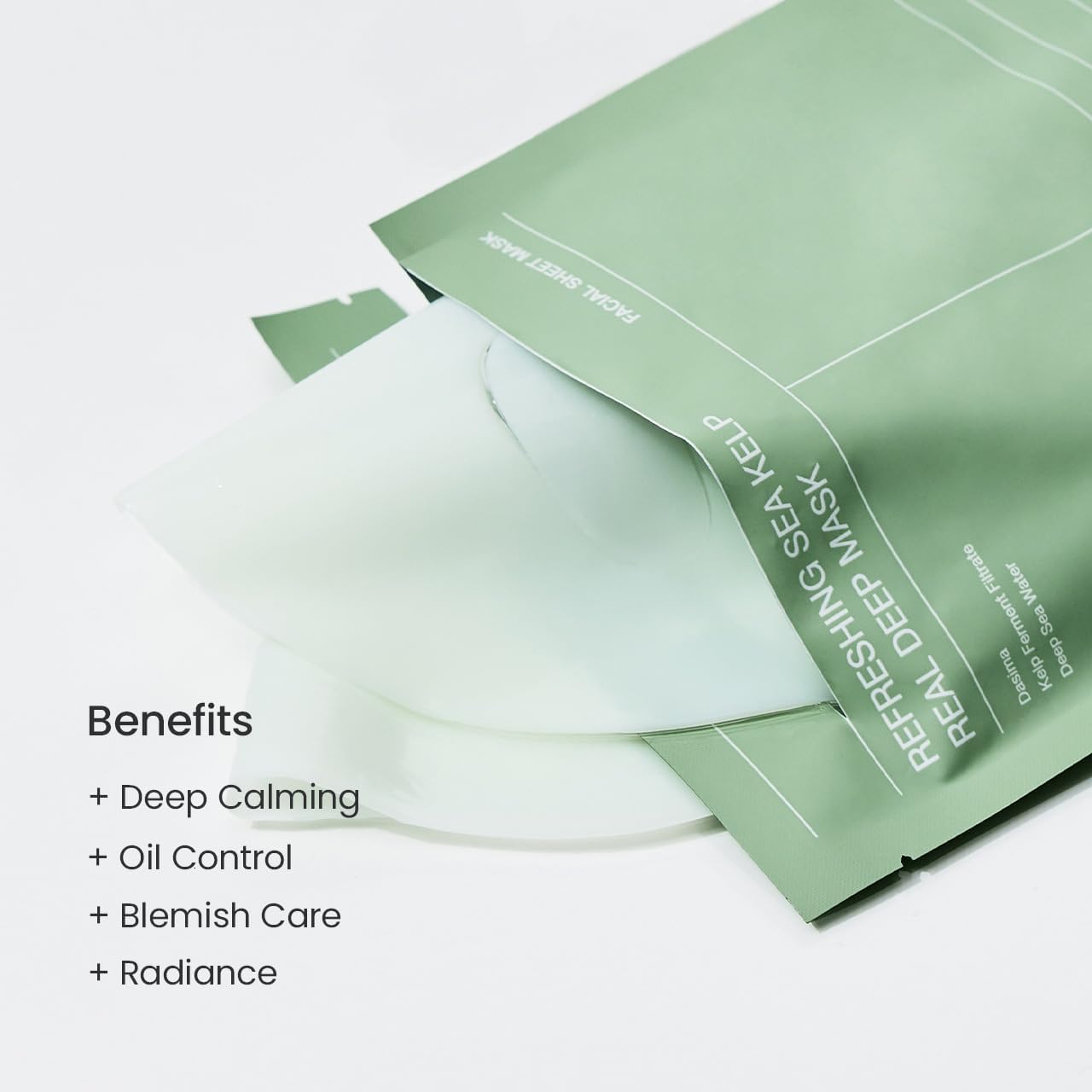 Green facial sheet mask pouch and folded mask packaging