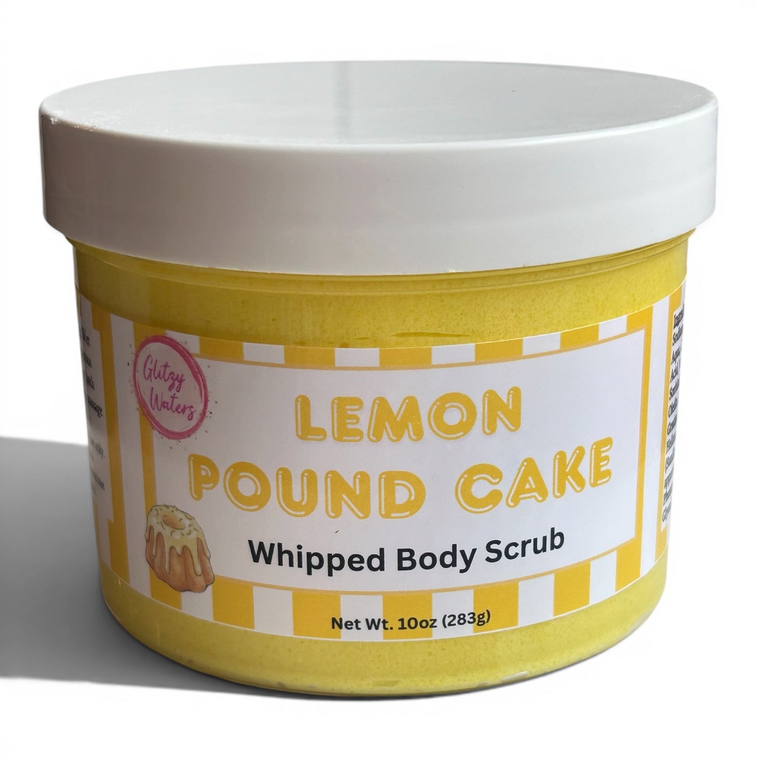 Lemon pound cake whipped body scrub jar with white lid and yellow scrub