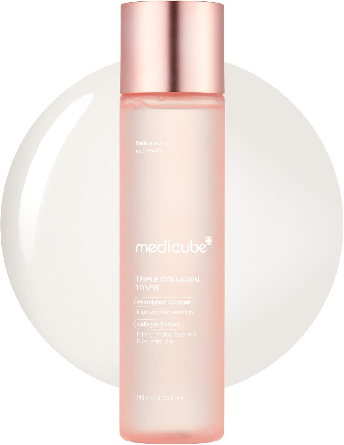 Medicube triple collagen toner bottle in light pink with metallic pump cap