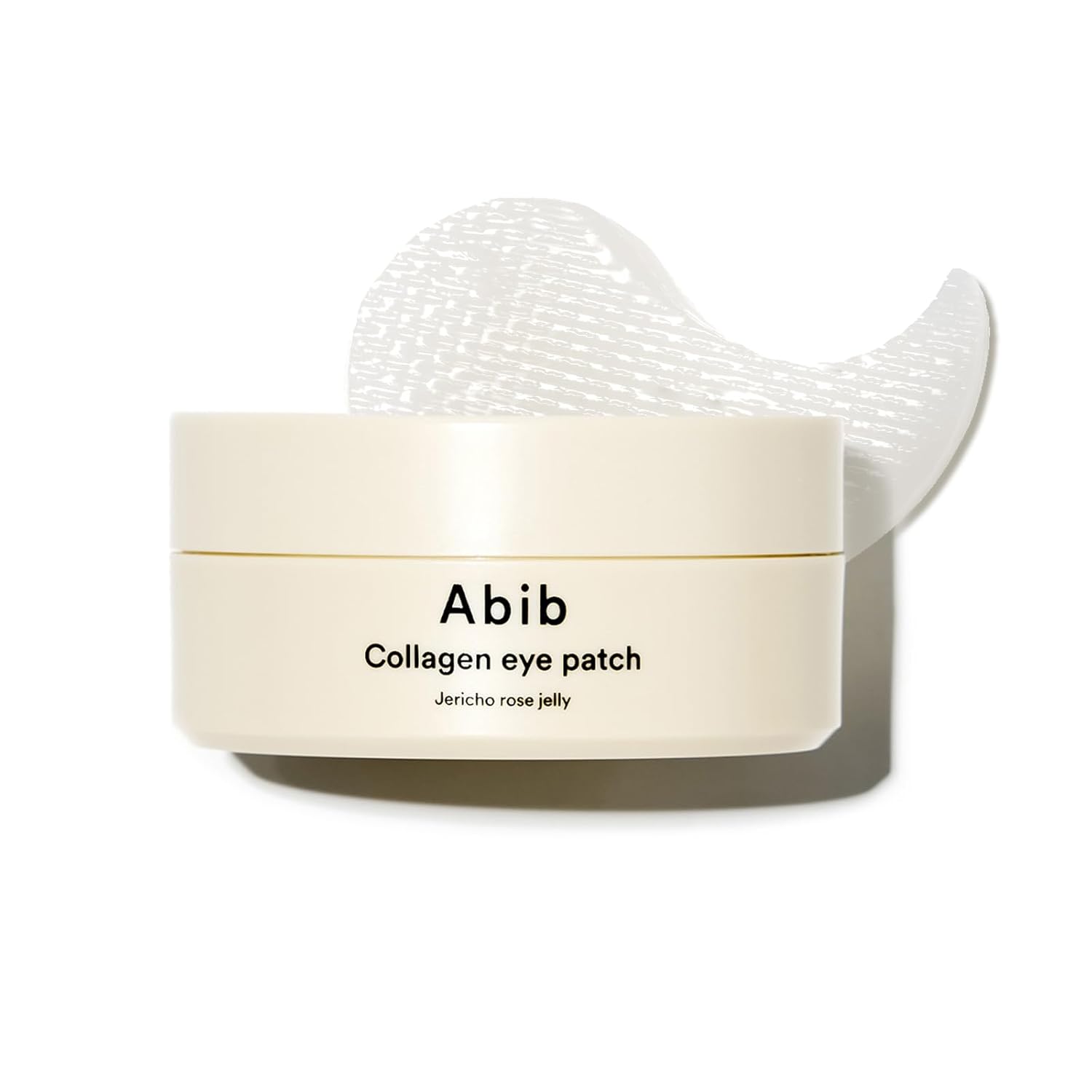 Cream eye patch jar with Abib collagen eye patch label and two under-eye pads