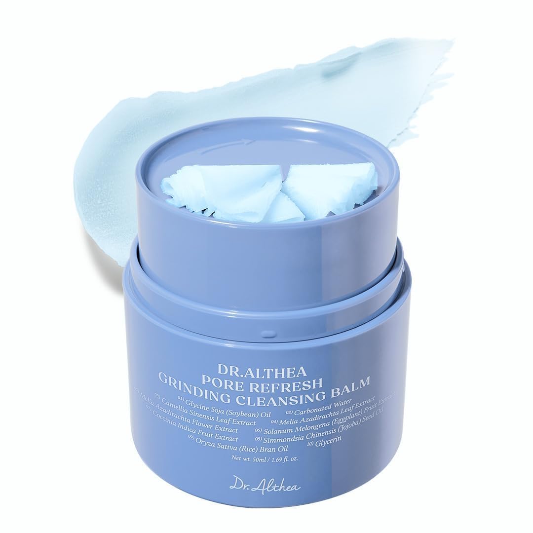 Dr. Althea pore cleansing balm jar, blue container with open lid and white balm chunks