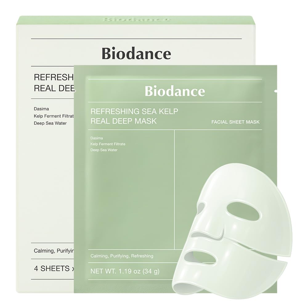 Biodance sea kelp deep mask facial sheet mask package, green and white box with face mask