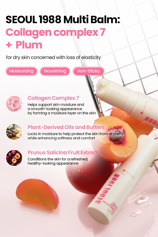Moisture balm tube with pink label and plum fruit theme illustration.