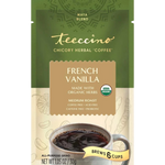 Front of chicory herbal coffee bag, French vanilla, made with organic herbs, brews 6 cups