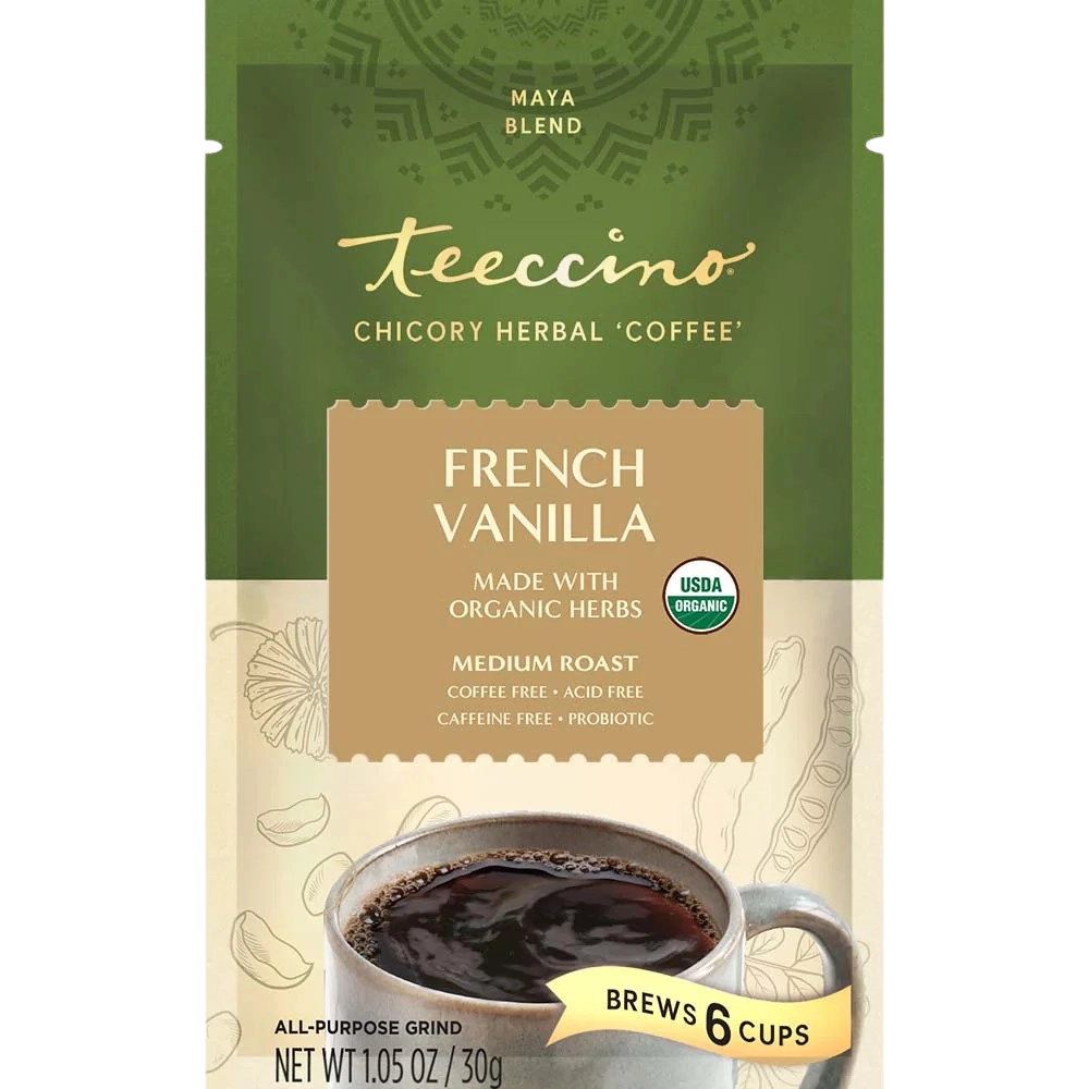 Front of chicory herbal coffee bag, French vanilla, made with organic herbs, brews 6 cups