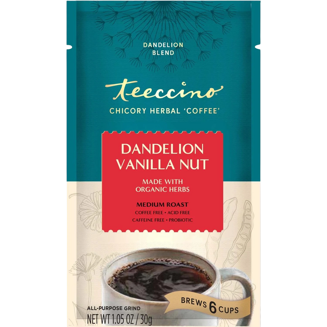 Dandelion vanilla nut herbal coffee bag, teal with red label and 'brews 6 cups' text