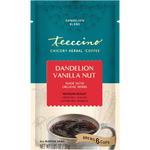 Dandelion vanilla nut herbal coffee bag, teal with red label and 'brews 6 cups' text