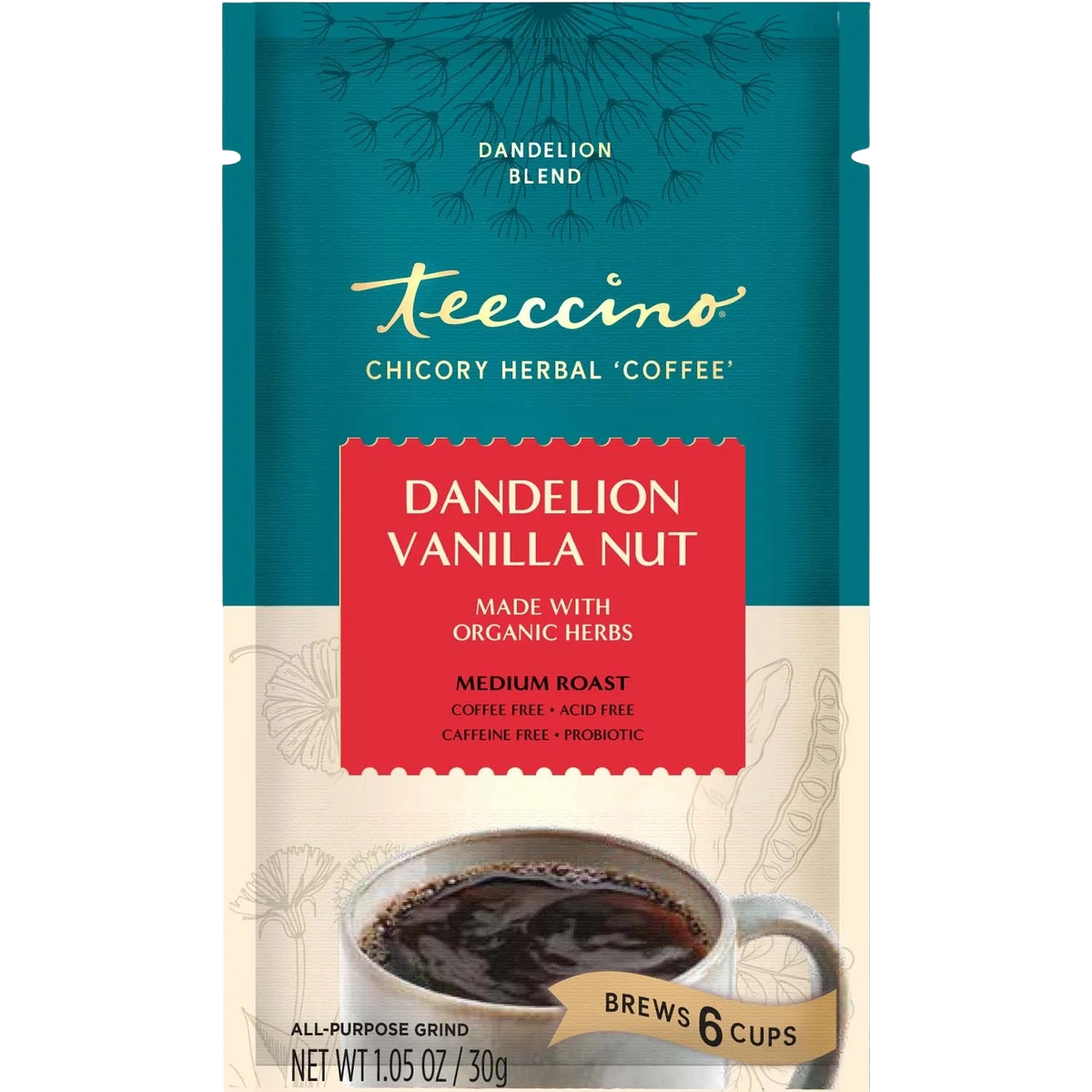 Dandelion vanilla nut herbal coffee bag, teal with red label and 'brews 6 cups' text