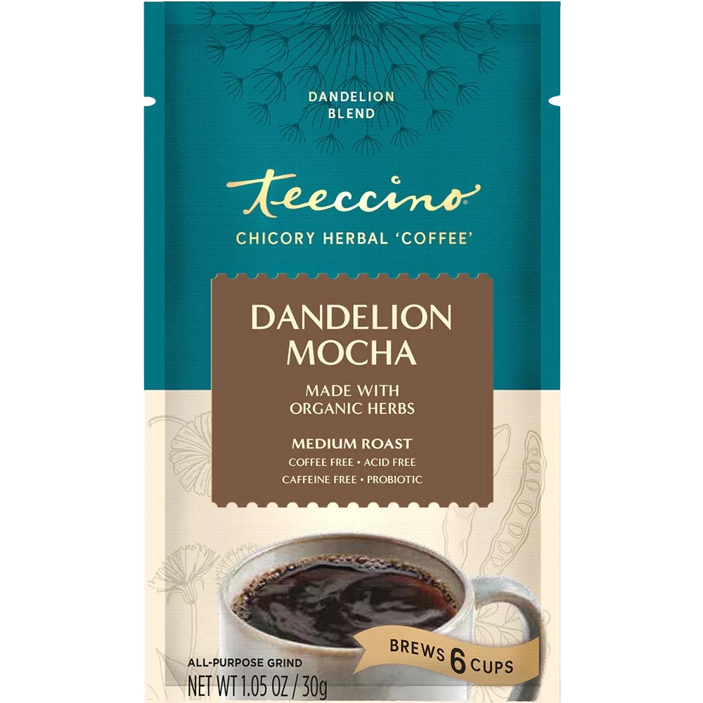 Teecino Dandelion mocha herbal coffee pouch; medium roast, brews 6 cups