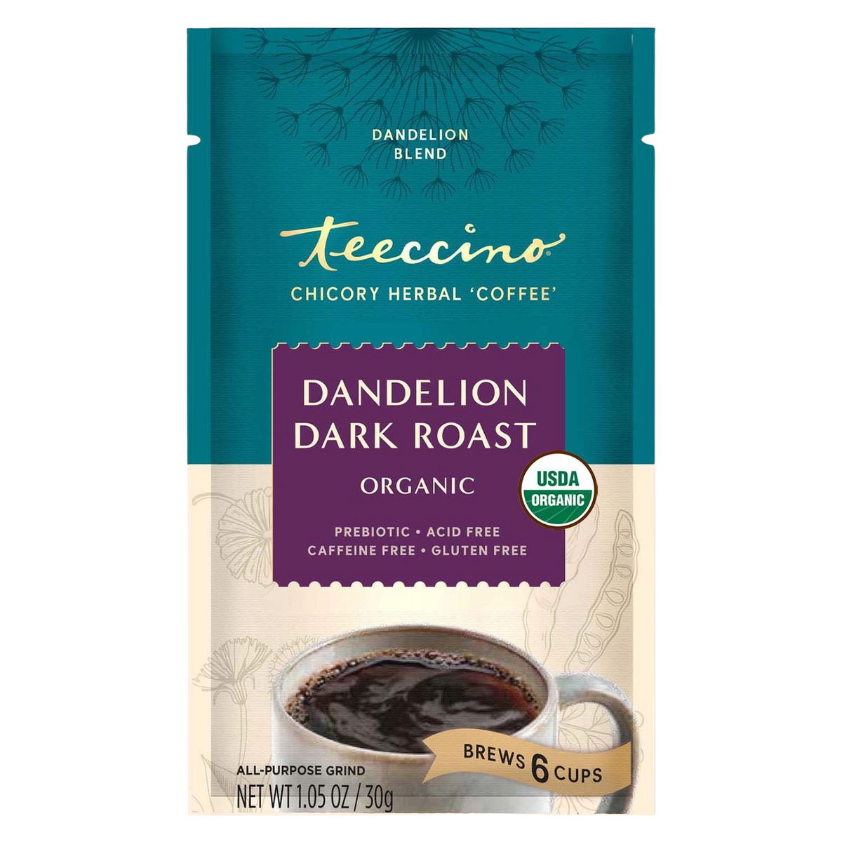Teecino dandelion dark roast herbal coffee pouch, organic, USDA certified