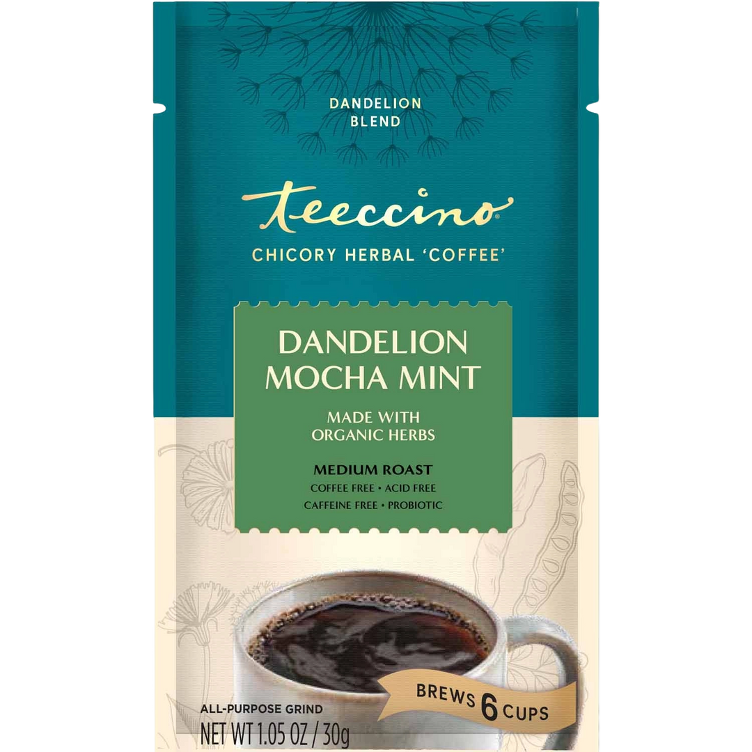 Teecino Dandelion Mocha Mint Herbal Coffee alternative front of bag, brews 6 cups