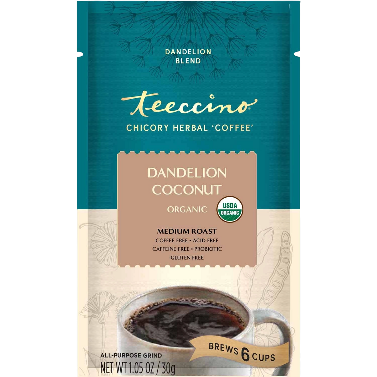 Teecino Dandelion Coconut herbal coffee bag, organic medium roast ground