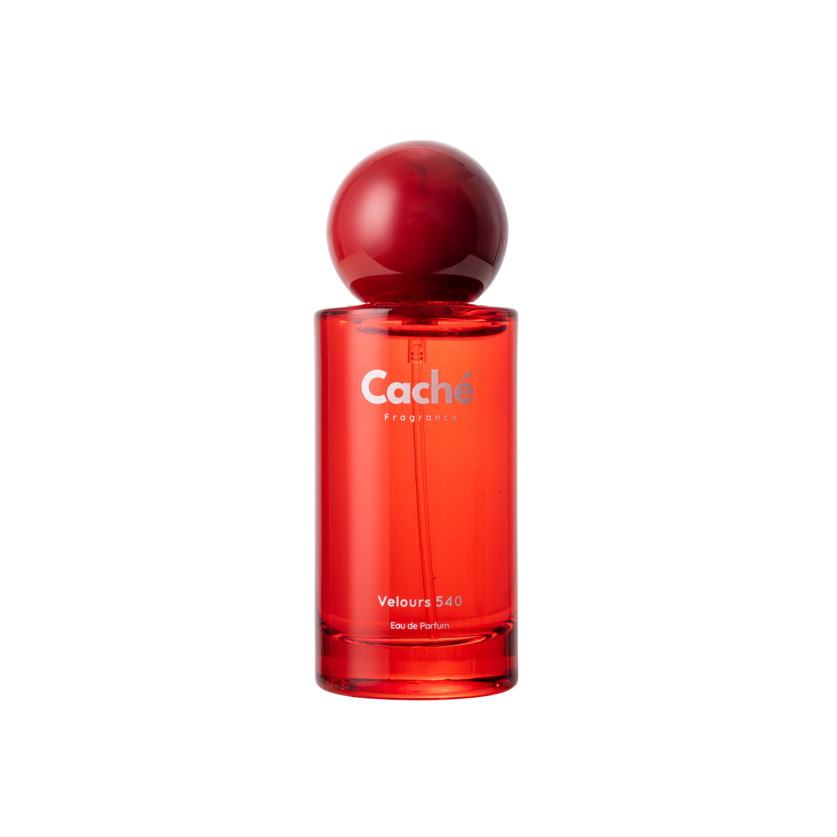 Caché Velours 540 perfume bottle with red globe cap and red tinted glass on white