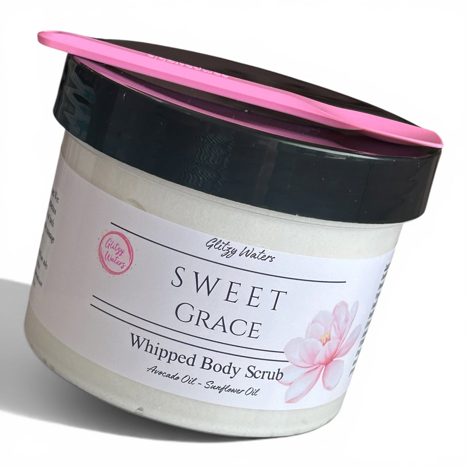 Cream whipped body sugar scrub jar with pink lid