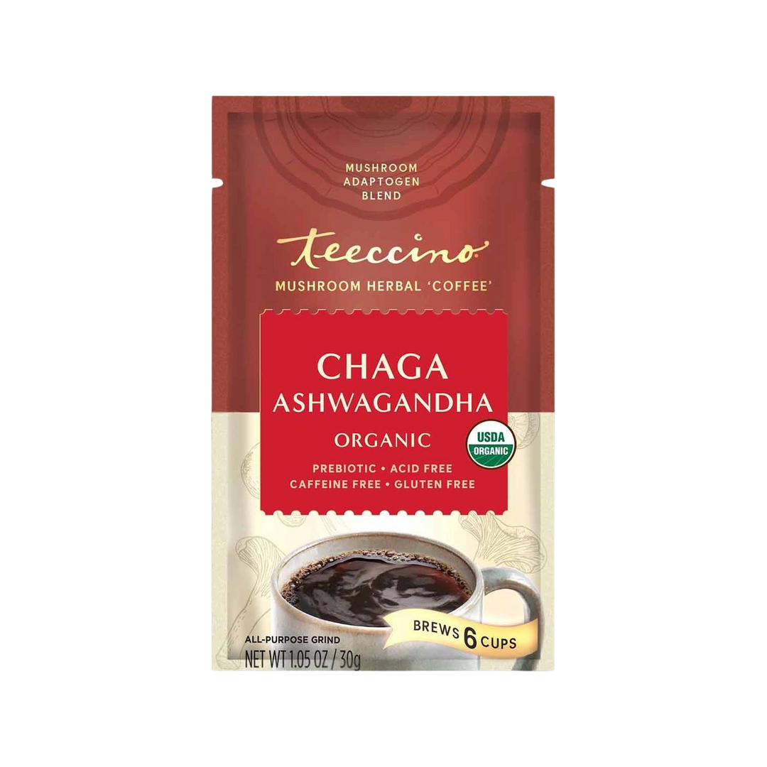 Chaga ashwagandha herbal coffee packet, red and cream with mug cup graphic