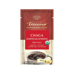 Chaga ashwagandha herbal coffee packet, red and cream with mug cup graphic