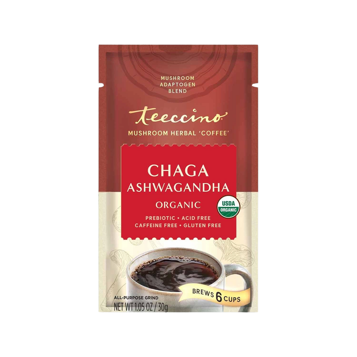 Chaga ashwagandha herbal coffee packet, red and cream with mug cup graphic