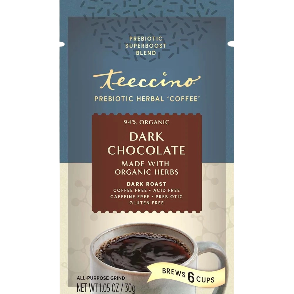 Dark chocolate prebiotic herbal coffee alternative bag with mug graphic, brews 6 cups