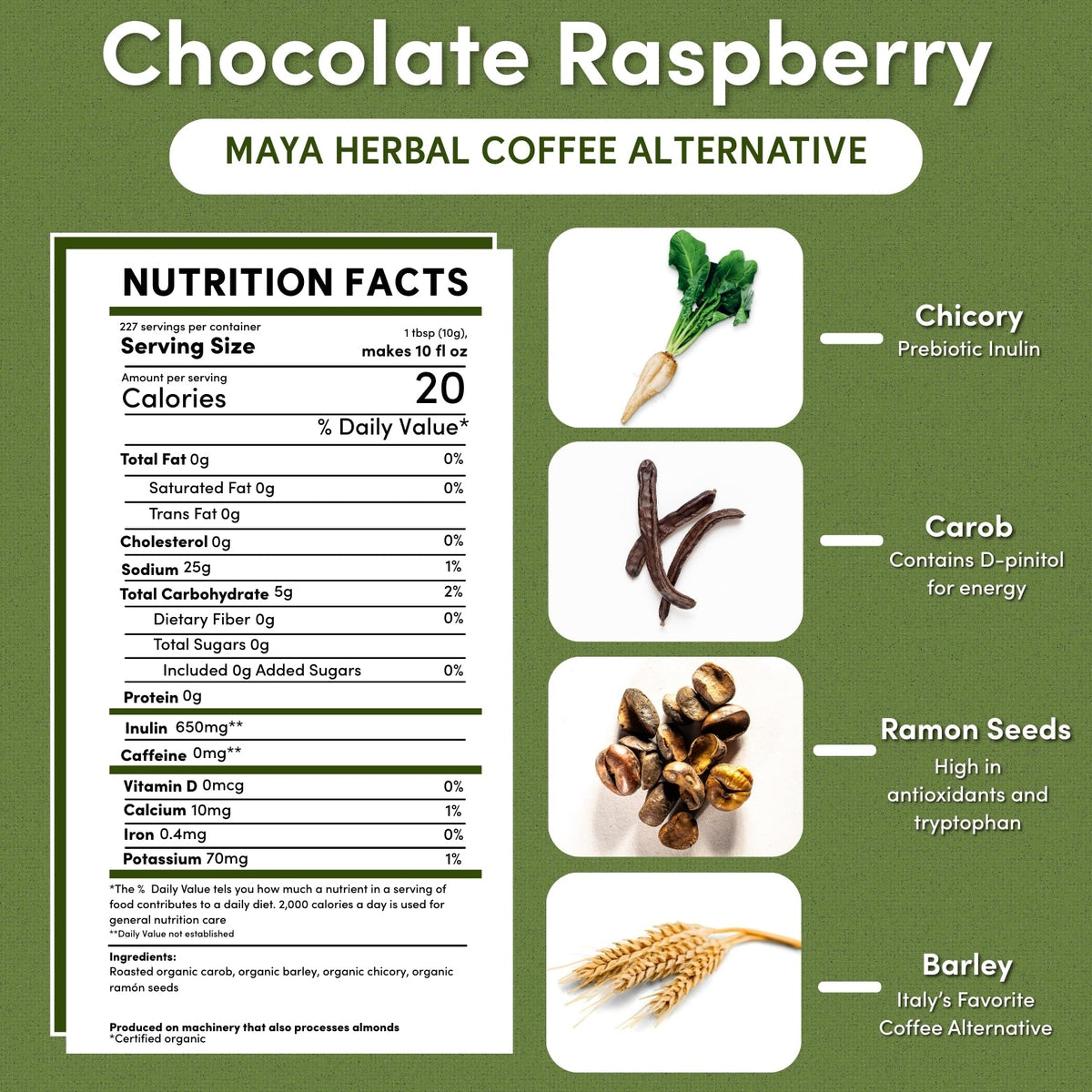 Nutrition facts panel for herbal coffee alternative, nutrient table and highlighted values
