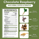 Nutrition facts panel for herbal coffee alternative, nutrient table and highlighted values