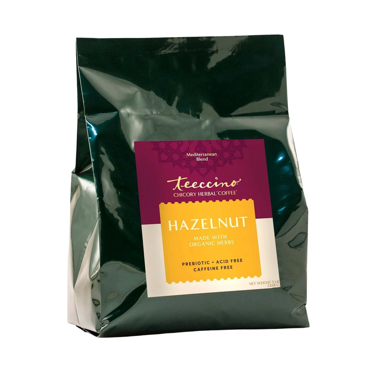 Hazelnut chicory herbal coffee pouch in shiny dark outer wrap