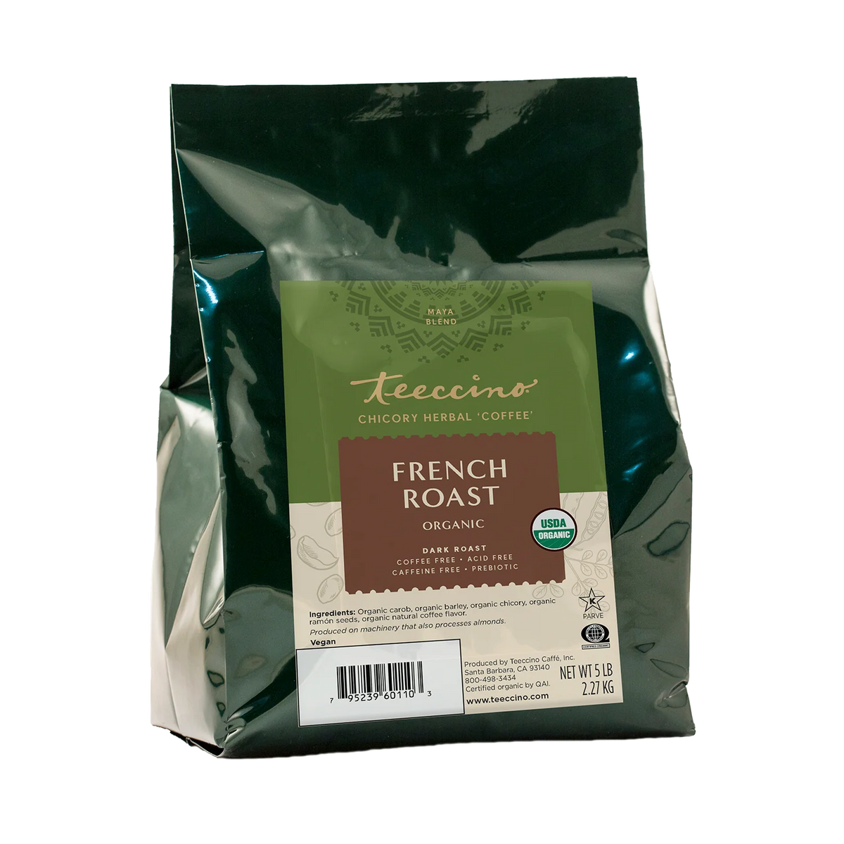 Teecino French Roast prebiotic chicory herbal coffee pouch, back label view