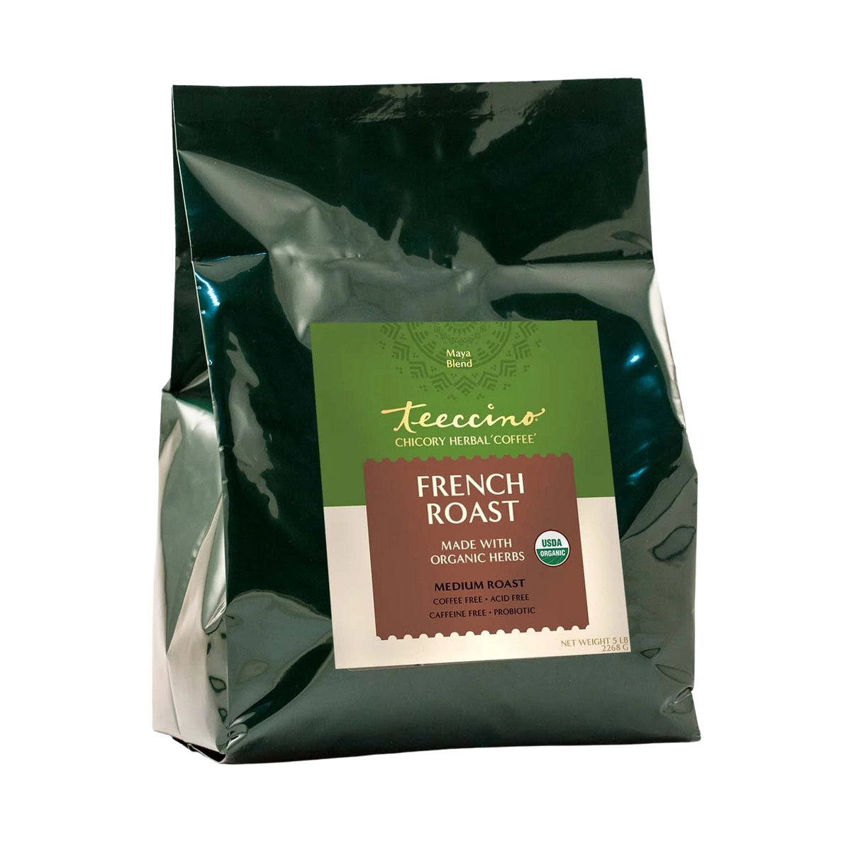 Teecino chicory herbal coffee pouch in dark foil, French roast label and organic badge