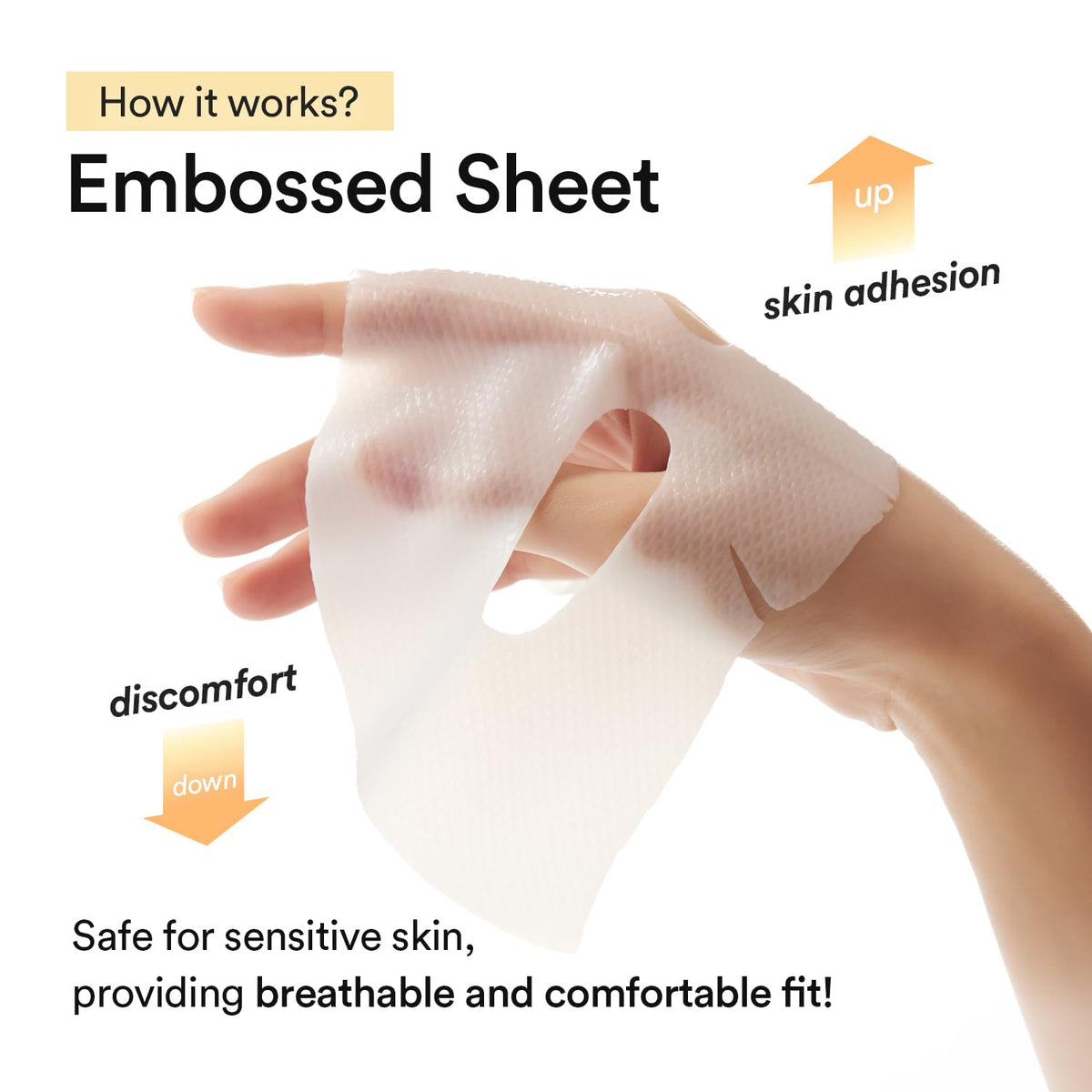 Embossed collagen gel sheet mask held in fingers, pale ivory