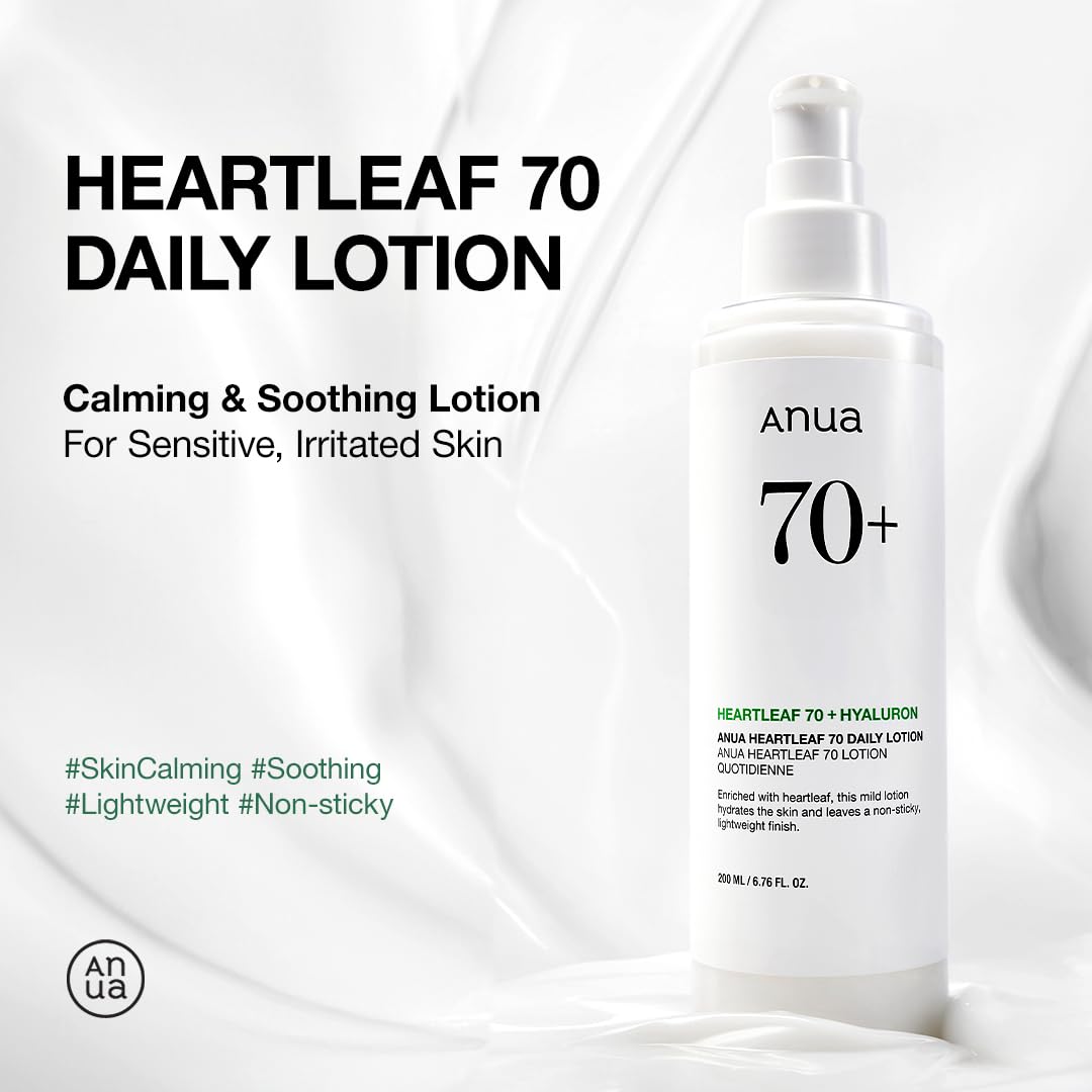 ANUA Heartleaf 70+ daily lotion bottle with pump, label facing forward