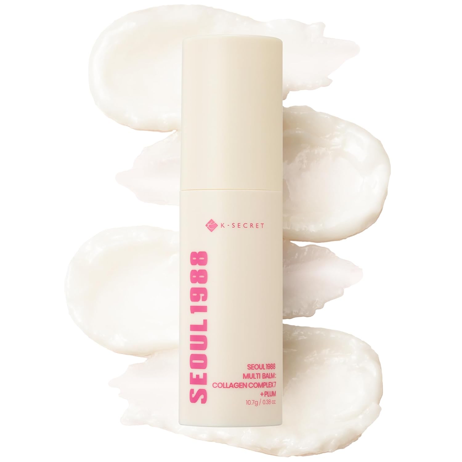 Moisturizing balm stick container with pale cream balm swirls around.