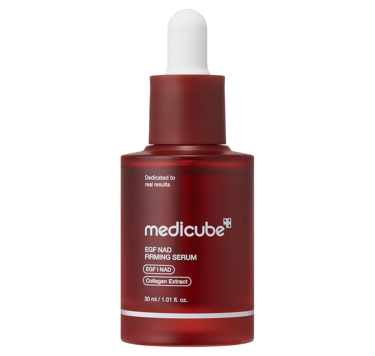 Medicube EGF NAD firming serum bottle with white dropper, dark red