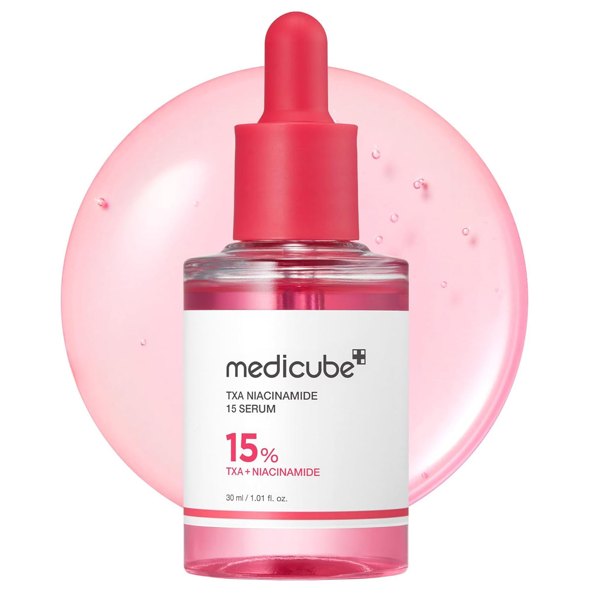 Medicube TXA Niacinamide 15% serum bottle with red dropper and clear pink liquid