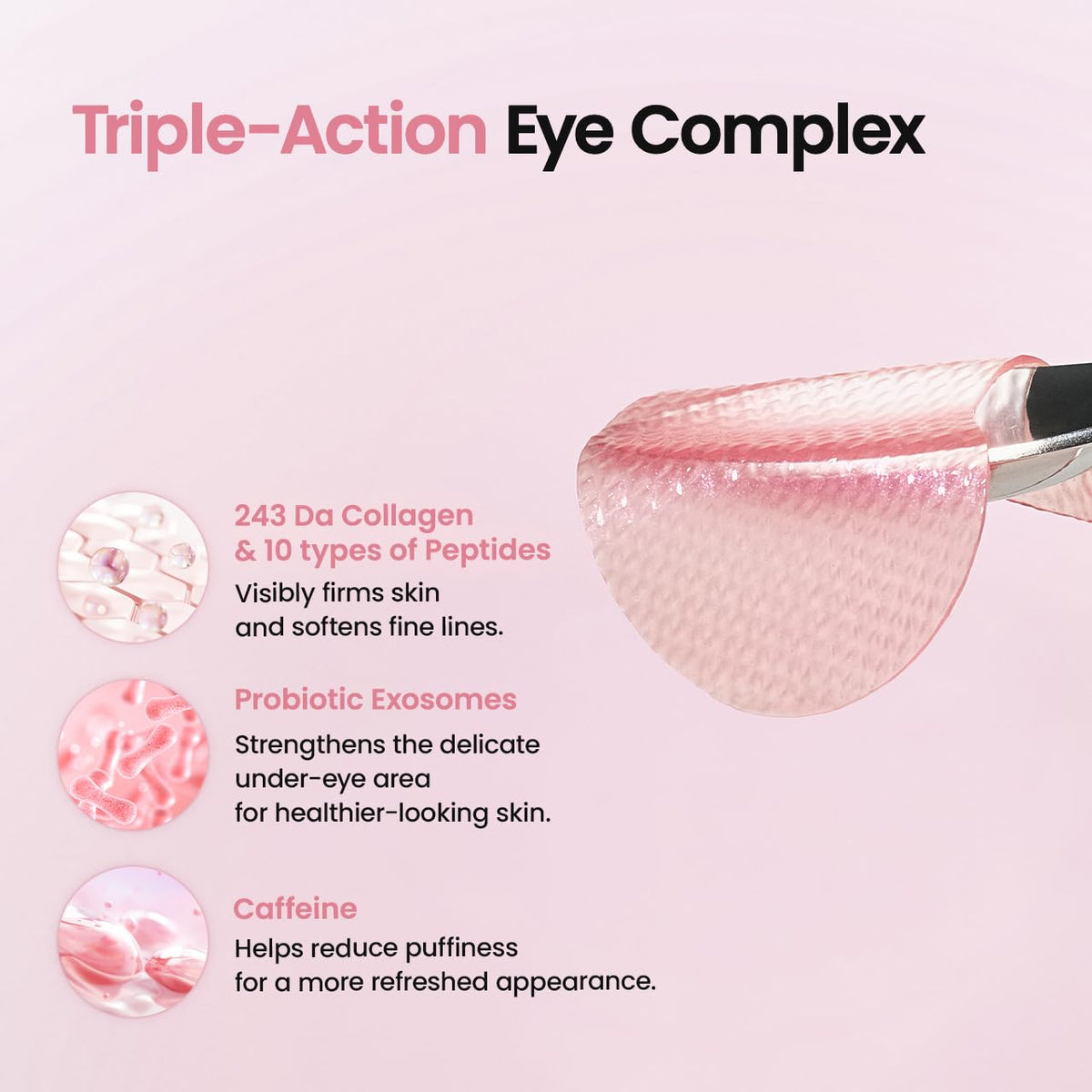 Pink under-eye collagen patch on applicator tip, gel texture