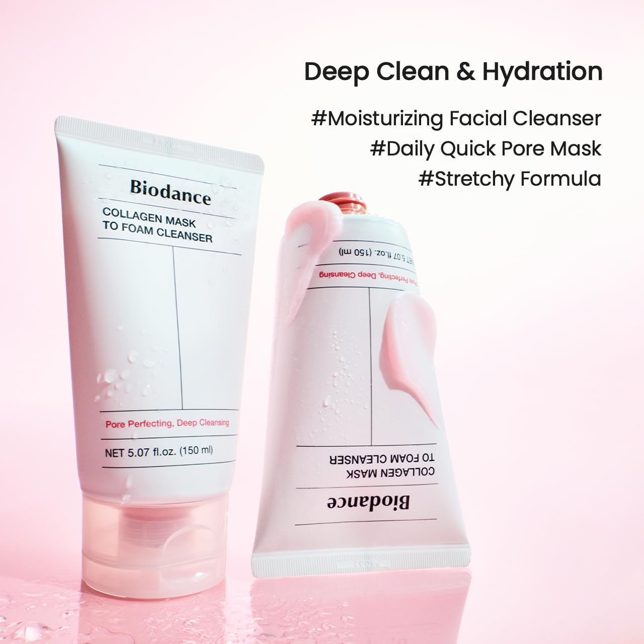 Skincare cleanser tube with pink foam dollop beside it