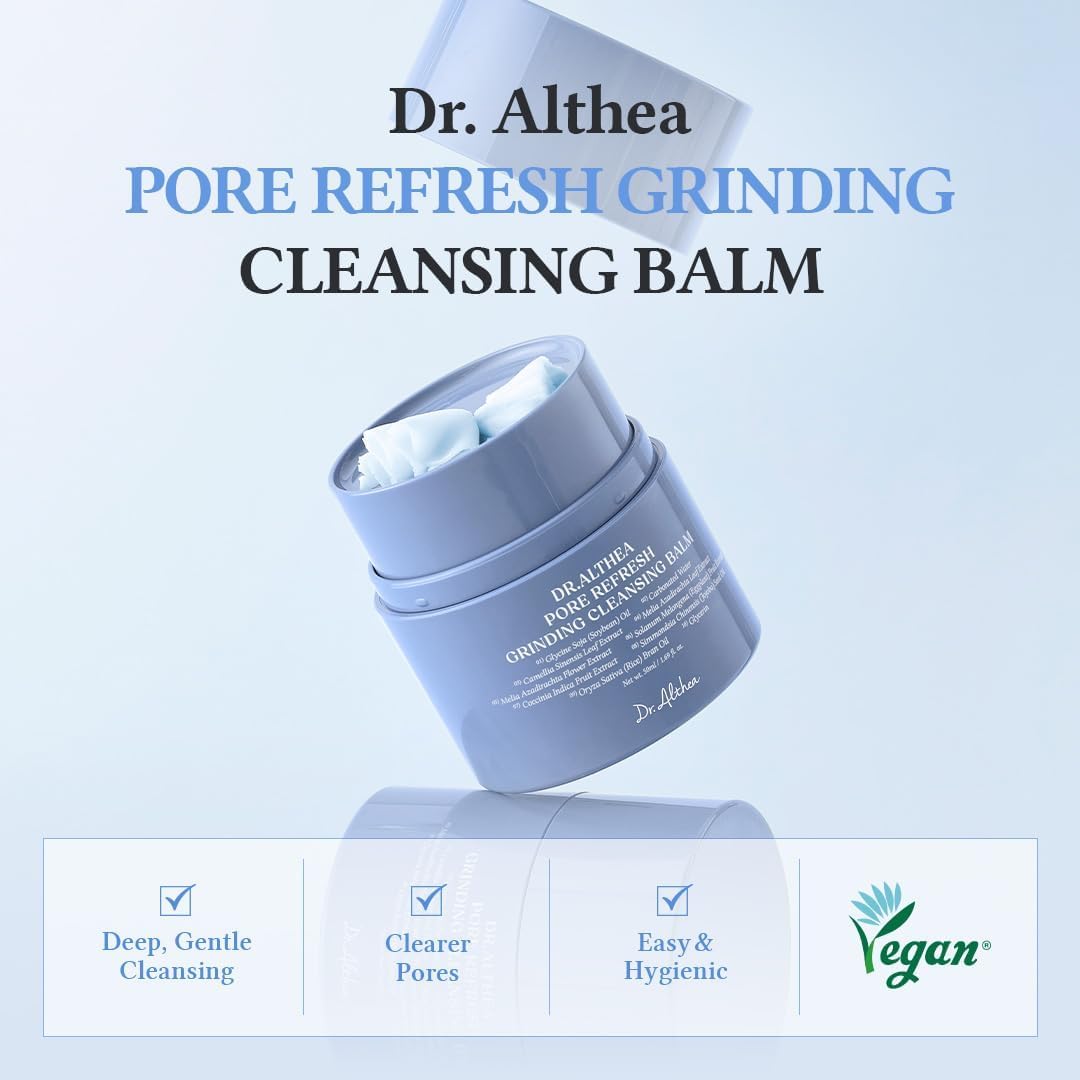 Dr. Althea pore cleansing balm jar with open lid and white balm pieces on top