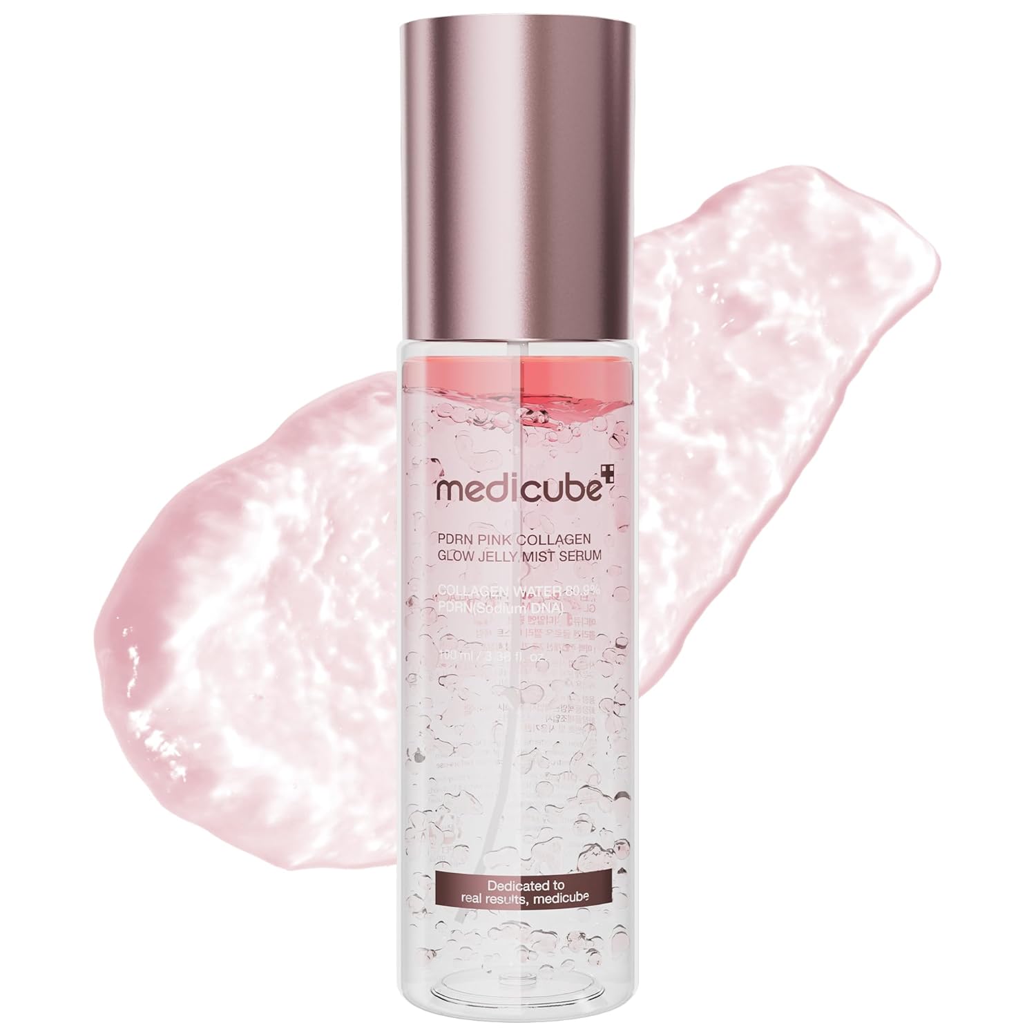 Medicube PDRN pink collagen glow jelly mist serum bottle with pink liquid layer