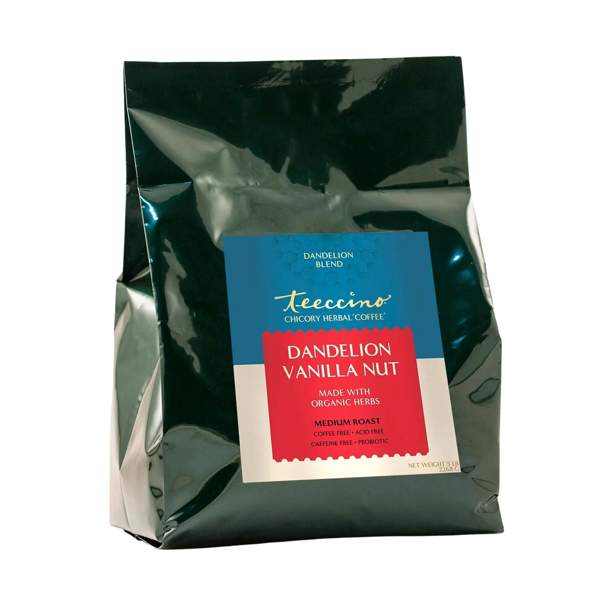 Dandelion vanilla nut herbal coffee bag, dark pouch with blue label and red banner
