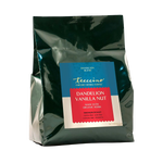 Dandelion vanilla nut herbal coffee bag, dark pouch with blue label and red banner