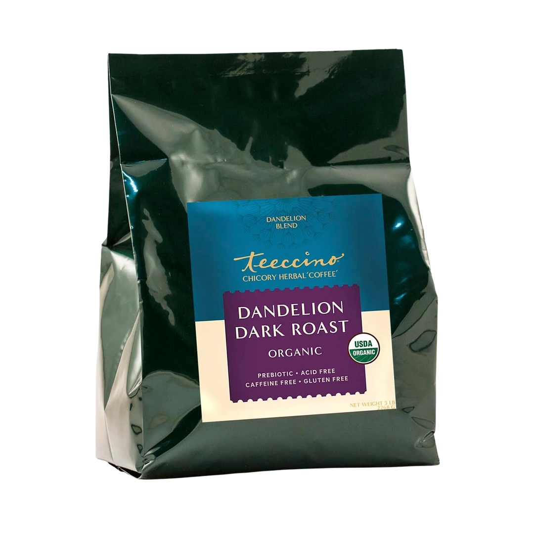 Teecino organic dandelion dark roast coffee pouch with front label