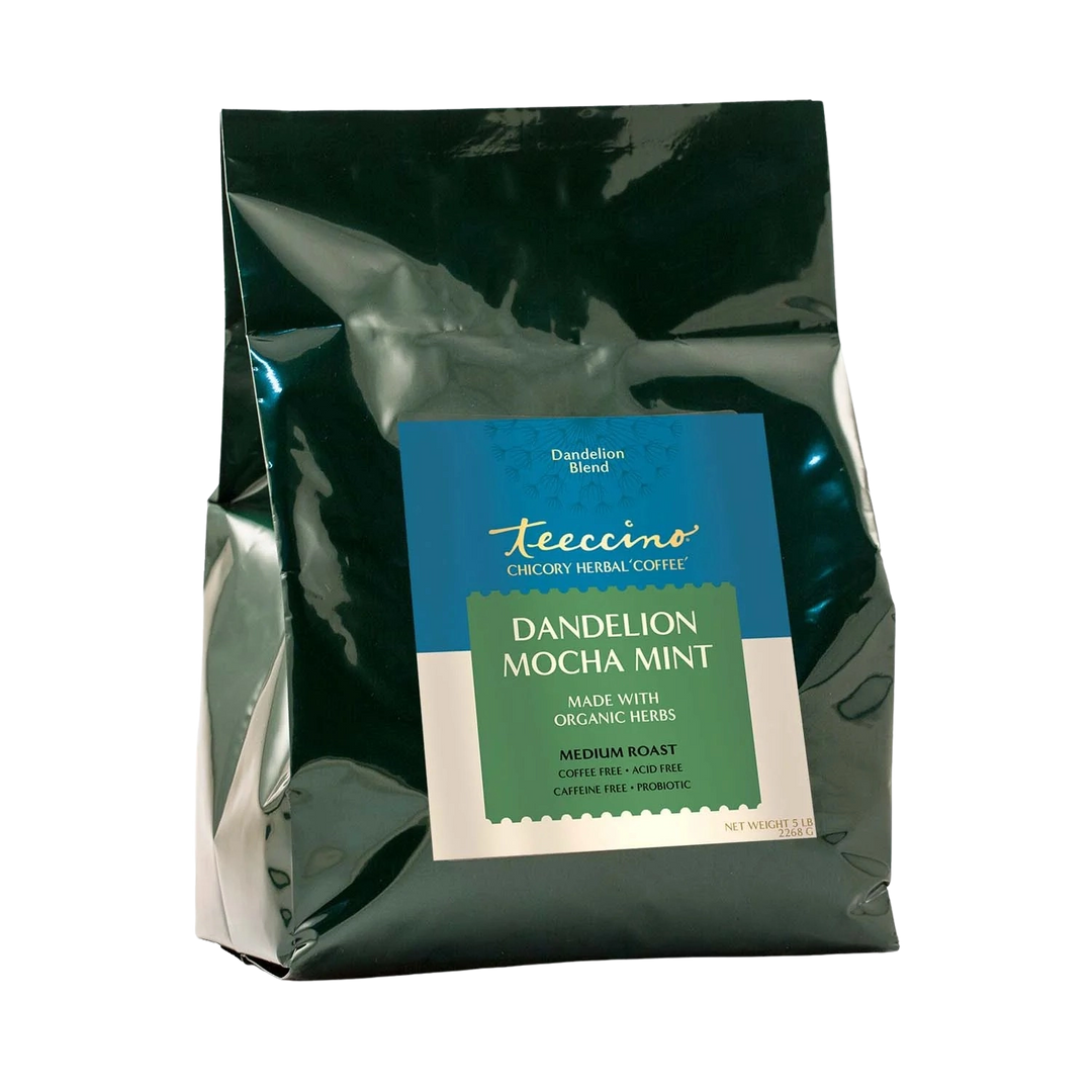 Teecino Dandelion Mocha Mint Herbal Coffee alternative pouch with front label