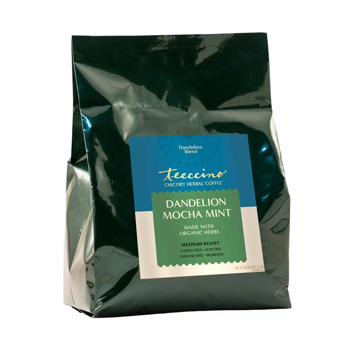 Teecino Dandelion Mocha Mint Herbal Coffee alternative pouch with front label