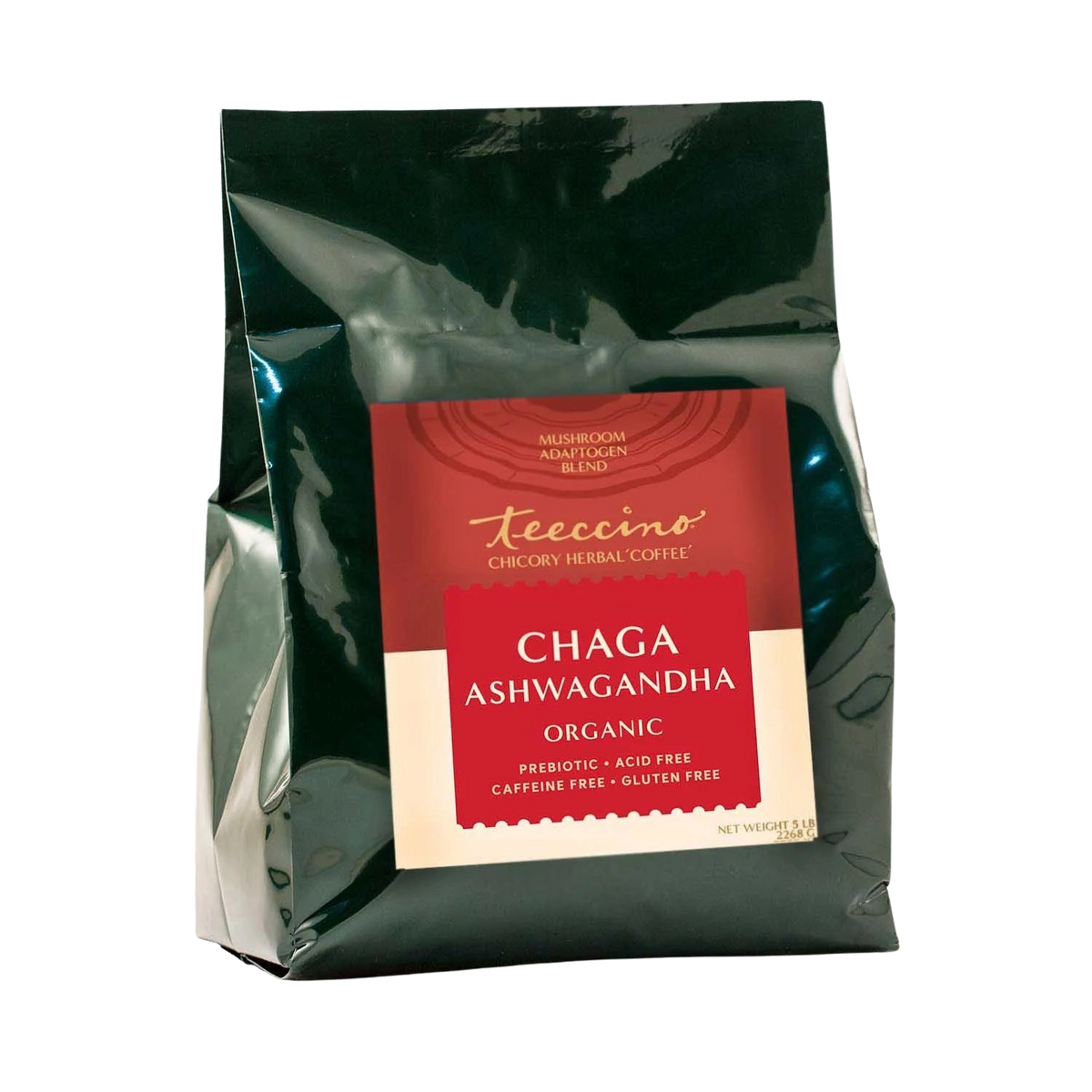 Chaga ashwagandha organic herbal coffee blend pouch, dark glossy black with red label
