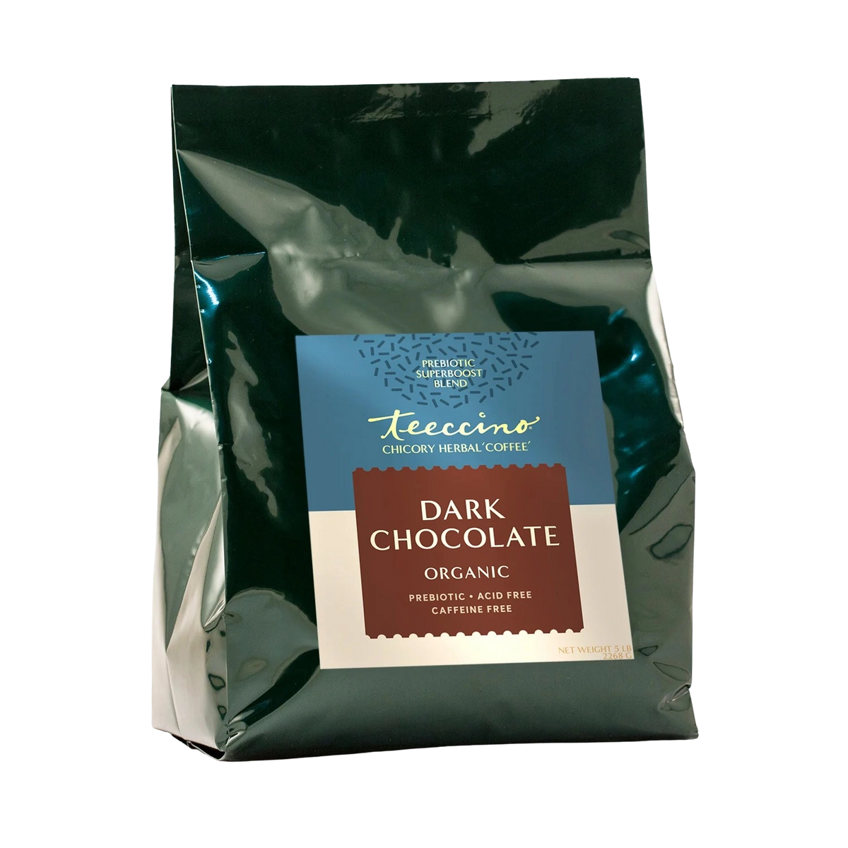 Organic dark chocolate prebiotic herbal coffee pouch, caffeine-free and acid-free