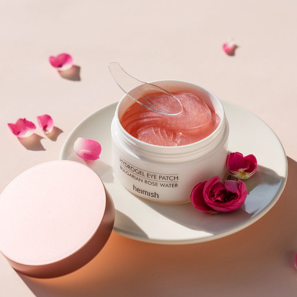 Heimish hydrogel eye patch jar with rose water gel, open lid