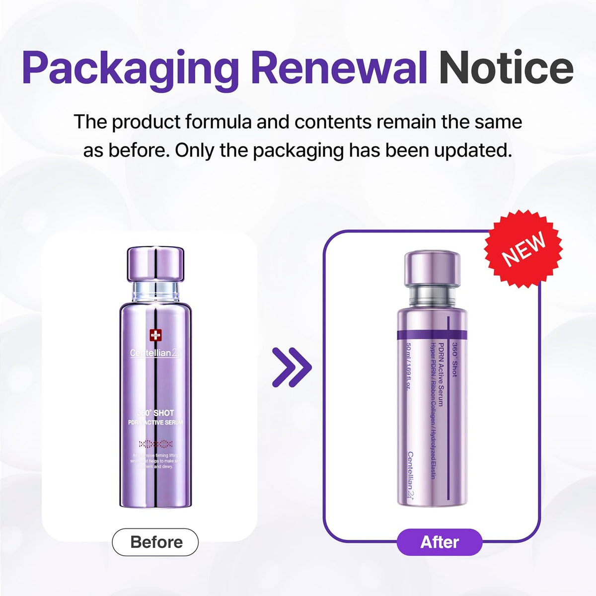 Packaging renewal graphic showing before and after PDRN active serum bottles