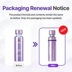 Packaging renewal graphic showing before and after PDRN active serum bottles